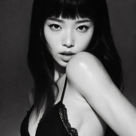 Arafed black and white photograph of a woman wearing a bra., “ sensual, Jingna Zhang, inspirado en Miwa Komatsu, Basia Tran, Eiko Ishioka, Gongbi, Lulu Chen, por Yukihiko Yasuda, por Tadashi Nakayama, por Sergio Burzi, por Torii Kiyomoto, Gemma Chen