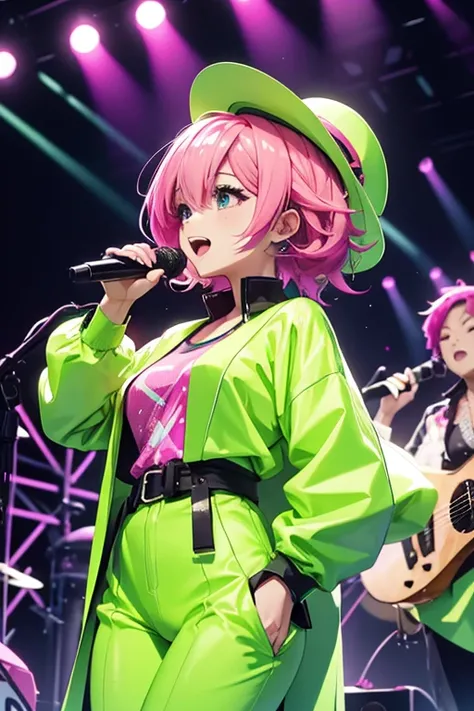 With fluorescent pink hair、A woman wearing fluorescent green clothes is singing