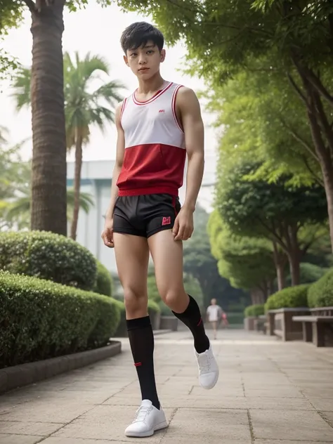 16 years old teenagers , very young , light-skin , wearing an dark red sexy underwear, tmasterpiece，k hd，the feet，Transparent sports vest，semi transparent，black long socks，The barefoot , red colour , handsome and cute , extreme cute boy , white skin , dark...