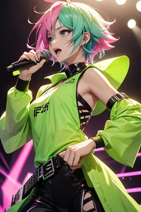 With fluorescent pink hair、A male rock singer wearing fluorescent green clothes is singing