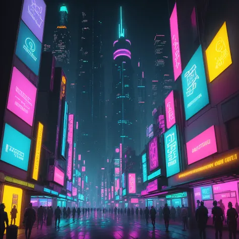 Cyberpunk city with distinctive blue, pink, and yellow neon lights