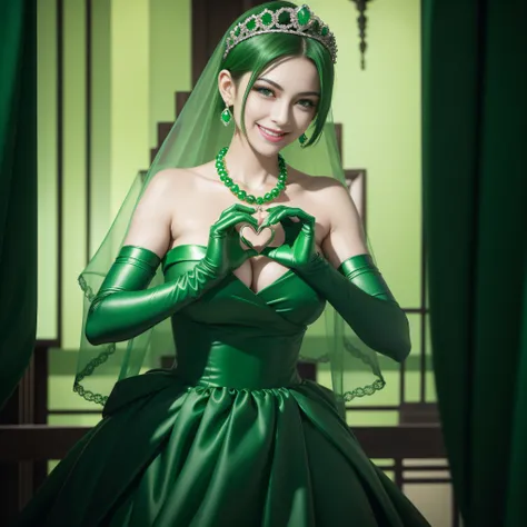 emerald tiara, Green Pearl Necklace, Boyish very short green hair, lipsticks, Japan woman smiling, very short short hair,  big breasts beautiful, Green eyes, Long green gloves made of satin material, Green eyes, Emerald Earrings, green vale, Heart with bot...