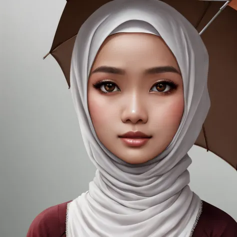 Malay girl wearing hijab brown eyes white blouse  super realistic image using umbrella