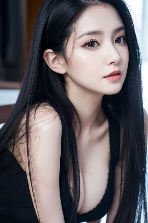 A Tall Busty Woman With Pale Skin, Dark Eyes, and Long Black Hair