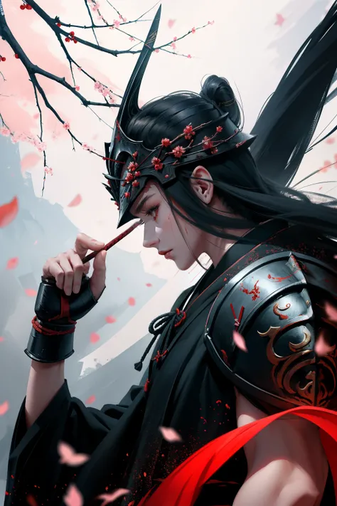 [best quality,highres,masterpiece:1.2],ultra-detailed,realistic,stronglighting,samurai,warrior,traditional armor,sharp katana,stoic expression,battlefield,fallen cherry blossoms,Japanese calligraphy,ink painting,black and white,contrast,brush strokes,vibra...