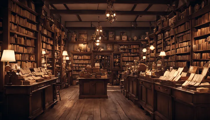 a cinematic still from an anime movie, quaint interior of an antique shop with various items like antique books to vintage maps on shelves, high res, Sony fe 24-70mm f/2.8 gm, 32k UHD, moody lighting, muted cinematic color grading --ar 16:9