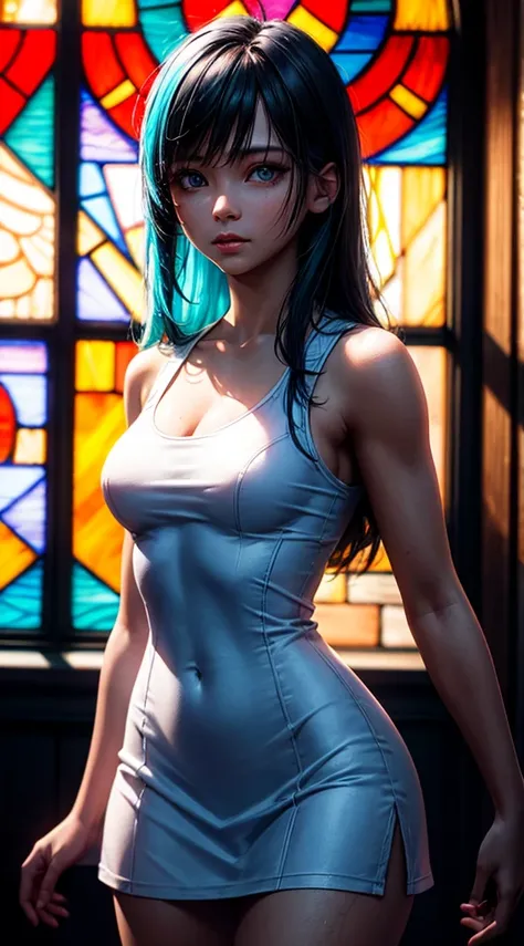 RAW, professional photograph, medium shot, photorealistic, realistic lights, realistic shadows, hyper-realistic, ray tracing, super detail, UHD, 8k, young woman painted on a stained glass, athletic body, cyan hair, cyan eyes, white dress, long hair, straig...