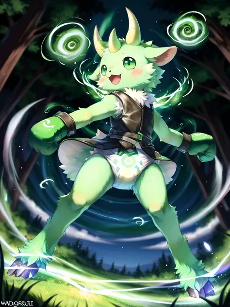 ((by wadorigi on Twitter)(Lamb)), pokemon, kid proportions, cute, adorable  , thin thighs, hooves,  upper limb hooves, light green fur, horns made of emerald , powerful green spiral wind current on surroundings, ( glowing green swirling whirlwind effect), ...