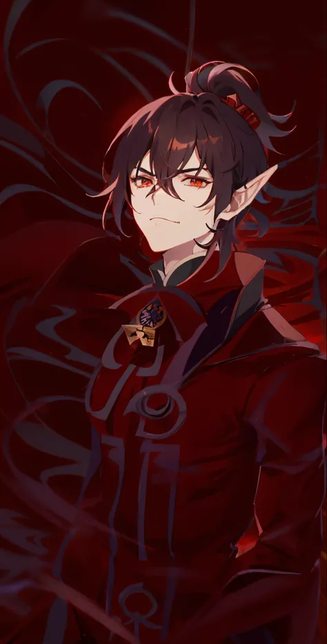 anime - style image of a man with a sword and a red background, handsome japanese demon boy, key anime art, handsome guy in demon slayer art, detailed key anime art, zhongli from genshin impact, emperor crowned, beautiful emperor, masculine man, manly man,...