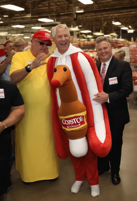 A photo of the CEO of Costco dressed as a costumed hotdog, leading a group of people in a hotdog chant,original,Costco CEO is Craig Jelinek, male