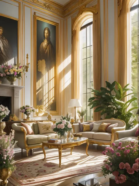 Architectural Digest photo of a living room with lots of flowers and plants, golden light, hyperrealistic surrealism, award winning masterpiece with incredible details, epic stunning