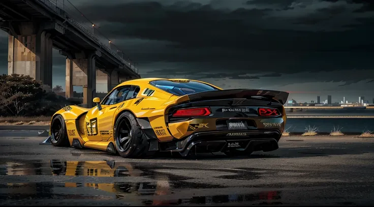 ((Dodge Viper GTS-R)), ((JonSibal design works Body Kit)), ((rear wing spoiler)), blacked out, front bumper splitters, side skirts, flared wheel arches, ((ominous looking)), (yellow racing alloy rims), ((lowered racing suspension)), high performance racing...