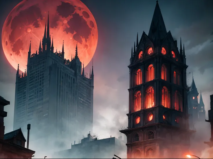 An eerie cityscape with ominous shadows, twisted buildings, and a blood-red moon in the sky. The stars take on a sinister glow, giving the scene a haunting vibe.