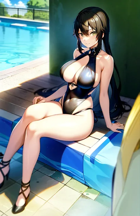 Anime girl in black swimsuit sitting on pool side shelf, swimsuit, swimsuit, marine Kitagawa fan art, seductive anime girl, swimsuit, next to pool, Makoto Shinkai and artgerm, pretty detailed anime art, highly detailed artgerm, wallpaper anime blue water