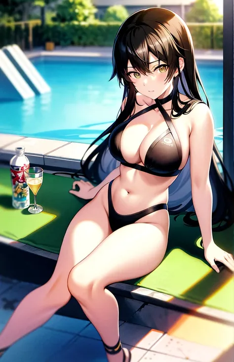 Anime girl in black swimsuit sitting on pool side shelf, swimsuit, swimsuit, marine Kitagawa fan art, seductive anime girl, swimsuit, next to pool, Makoto Shinkai and artgerm, pretty detailed anime art, highly detailed artgerm, wallpaper anime blue water