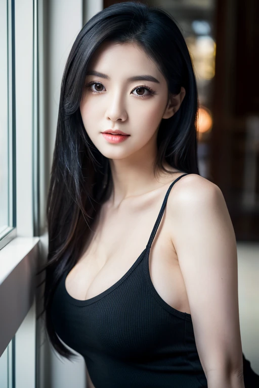 A Tall Busty Woman With Pale Skin, Dark Eyes, and Long Black Hair