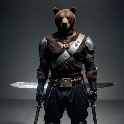 A bear with one robotic arm, with two great swords on his back in his hands two weapons