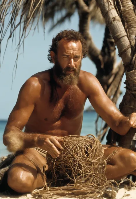 A photo of Chuck carefully weaving a fishing net out of vines and tree fibers.,Cast Away (film),Chuck Noland, portrayed by Tom Hanks in the film “Cast Away,” is currently stranded on a deserted island in the Pacific Ocean.  Sunburnt and bearded, with long,...