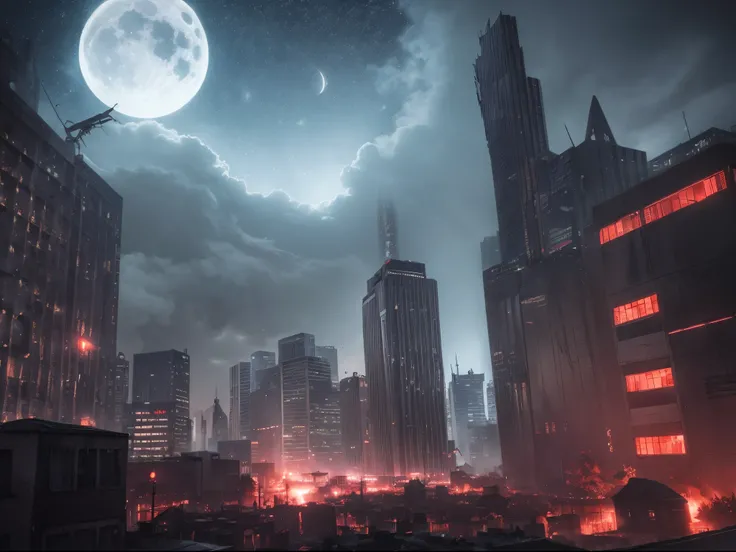 An eerie cityscape with ominous shadows, twisted buildings, and a blood-red moon in the sky. The stars take on a sinister glow, giving the scene a haunting vibe.