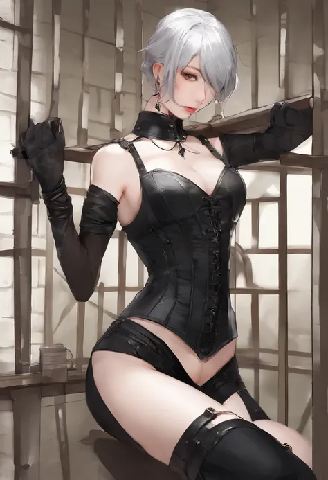 Black corset,束缚、(in a prison cell)、full body Esbian、((top-quality、8K、​masterpiece:1.3))、Crisp focus:1.2、Beautiful woman with perfect body shape:1.4、Slender Abs:1.2、((layers-Cut、Colossal tits:1.2))、(Sateen、Street:1.2)、a wet body:1.5、Highly detailed facial a...