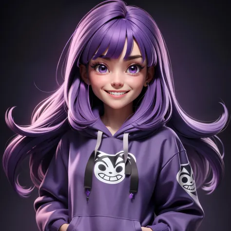 A beautiful Women wearing a Graphic Hoodie, Facing the camera, Smiling, Purple Hair, Long Hair with bangs, Cartoon style, 8k. Dark gray background