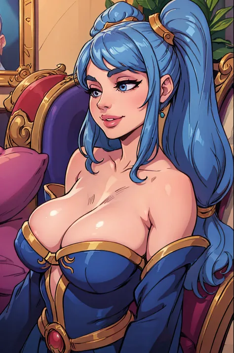 (masterpiece, official art), 1girl, solo, sona (league_of_legends), milf, upper body, smile, closeup, portrait, twintails, hair ornament