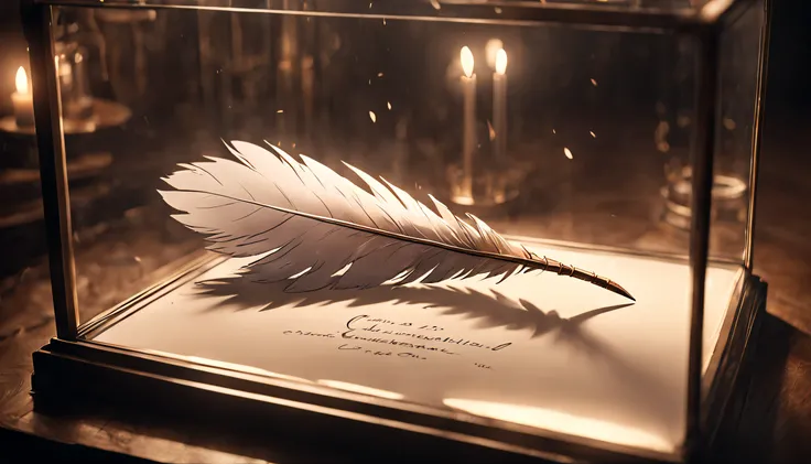 a cinematic still from an anime movie, quaint small, unassuming quill displayed in a glass case, The quill emits a faint otherworldly glow, high res, Sony fe 24-70mm f/2.8 gm, 32k UHD, moody lighting, muted cinematic color grading --ar 16:9