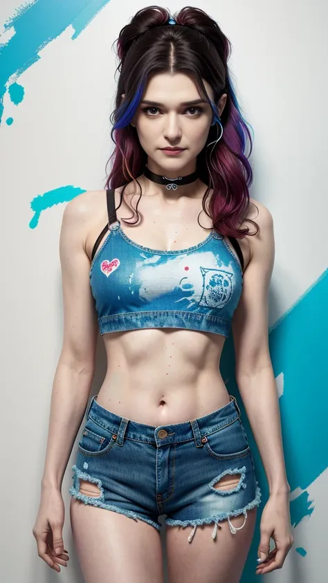 Rachel Weisz、​masterpiece, top-quality, 1girl in, 独奏, croptop, Denim shorts, a choker, (doodle:1.5), Paint Splatter, arms behind back, Hitting a wall, Look at viewers, Armbands, Thigh strap, Paint on the body, tilt of the head, tedium, O cabelo multicolori...