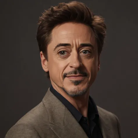 20-year-old Robert Downey Jr. happy face, has a short neck -- a dark, gradated brown wall in the background with a slight spotlight affect, Professional quality studio photograph, 4k, 8k, 32k UHD, Hyper realistic, extremely colorful, vibrant, photorealisti...