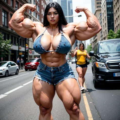 A HD 4K Photo of a huge, enormous, very big, buff, giant, Asian female bodybuilder, muscle goddess, with long black hair, huge arms and huge legs, big boobs, flexing her enormous, giant muscles, big beautiful eyes, walking barefoot, in London traffic, wear...