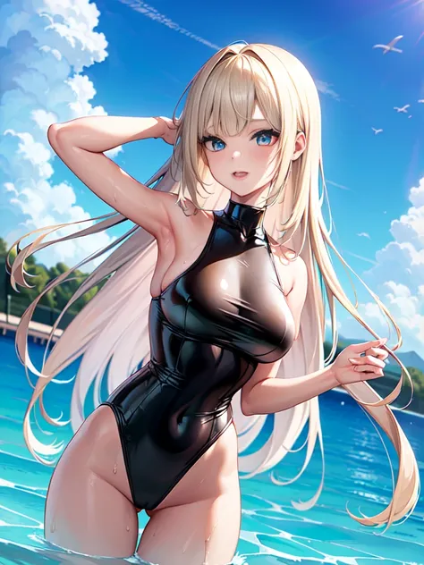 ((Best Quality)), (ultra-detailliert), ((Extremely detailed)), (Beautiful), ((Kawaii Girl)),  ((nffsw)), (masutepiece), (High quality), (Best Quality), (4K), (High quality), 1, Solo Girl, 1girl in, ((platinum-blonde-hair)), Parted bangs, ((Hair intake)), L...