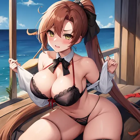 (masutepiece、Best Quality)、Akigumo、Ponytail、Hair Ribbon、1girl in、Beautiful eyes、Well-formed face、Lace bra with black ruffles、Black bra shoulder straps、Black lace panties、very large udder、Big and beautiful nipples、Beautiful areola、beauty legs、Beautiful、is s...