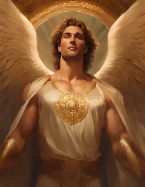 Portrait of an elegant stout Guardian Angel unleashing all his powers, digital painting in the style of Robert Liberace, dynamic action poses  of a Guardian Angel, heavenly handsome, ethereal elegance, light brown hair, male, mature, handsome, upper body, ...