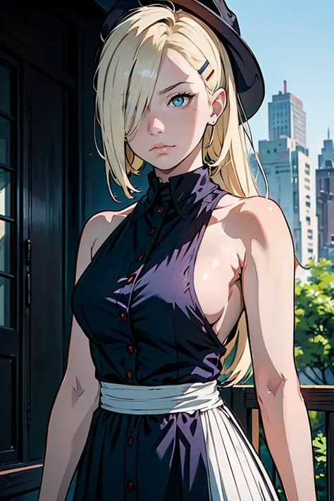 ino_yamanaka
1girl, blonde hair, hair ornament, bare shoulders, closed mouth, green eyes, ponytail, hairclip, hair over one eye,extra large breasts,top-quality、Top image quality、​masterpiece、girl with((cute little、18year old、Best Bust、Medium bust、Bust 85,B...