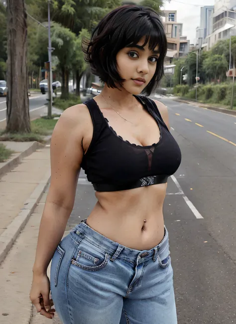 indian cute girl in sports bra, cleavage, big boobs, big ass, hourglass figure, thick thighs, baggy jeans, posing on road, looking at camera, perfect face, innocent, sexy, hot, bobcut hair, black hair, 4k, full body view