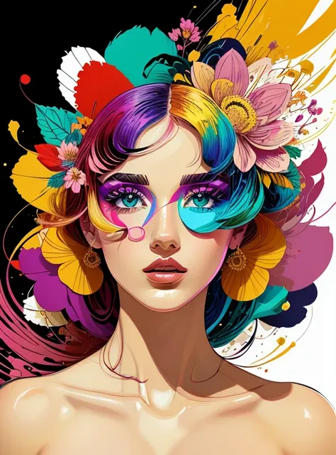 Criar uma obra de arte digital no estilo pop art, apresentando uma mulher vibrante e confiante com maquiagem ousada e moda colorida, Cinematic Color Scheme, surrounded by abstract flower patterns, Energetic brushstrokes,Humor should be dynamic.