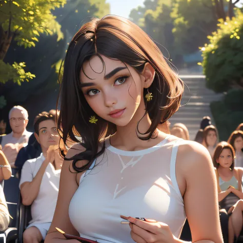 (Extremely detailed 8k wallpaper:2), (photo:2), (24 years old soigne Beautiful girl:2), (gives a lecture to friends:2), detailed (Face and eyes), (hyper realistic:1), (highly detailed:1), (epic realistic:1), rim light, (maximum details:1), cozy, (fullbody:...