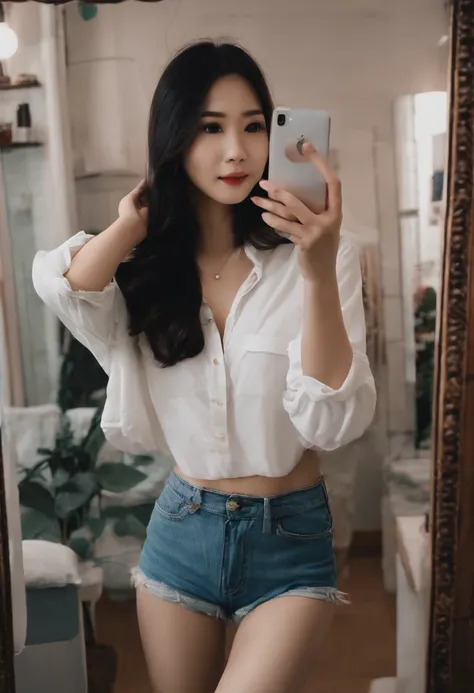 25 year old black haired girl、Take a selfie in your underwear in front of the mirror in a messy room、standingn、very cute chinese、the skin is very white、being thin、Denim shorts、Long layered hair、Take a picture of yourself in the mirror with your smartphone　...