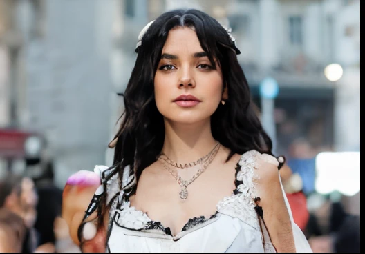 There is a woman with a diamond necklace, loose black wavy hair and the top part of her dress is white with some black embroidery on top.