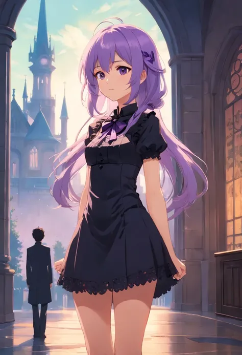 1girl, young, long lavender hair, wearing a Gothic short dress,  looking away, standing straight up, facing front, full body, with a bow on her chest, wearing a small top hat, pouting, arms crossed