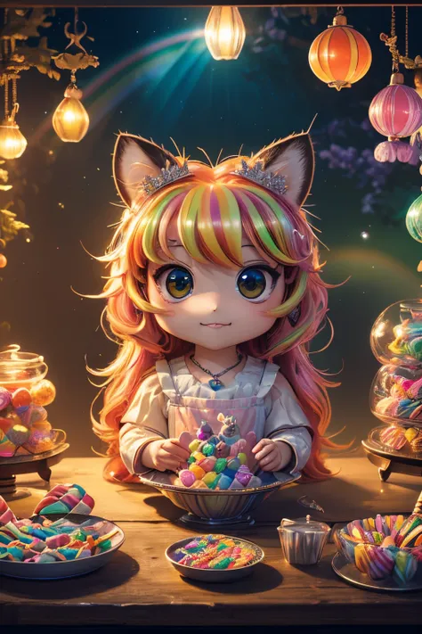 best quality,4k,8k,highres,masterpiece:1.2),ultra-detailed,(realistic,cute (chibi) princess in rainbow candy shop, highly detailed high contrast hd masterpiece of best quality in high resolutionphotorealistic,photo-realistic:1.37),Enchanted forest, illumin...