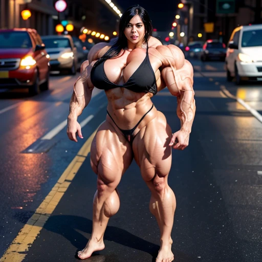 A HD 4K Photo of a huge, enormous, very big, buff, giant, Asian female bodybuilder, muscle goddess, with long black hair, huge arms and huge legs, big boobs, flexing her enormous, giant muscles, big beautiful eyes, walking barefoot, in London traffic, gian...