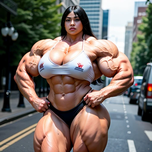 A HD 4K Photo of a huge, enormous, very big, buff, giant, Asian female bodybuilder, muscle goddess, with long black hair, huge arms and huge legs, big boobs, flexing her enormous, giant muscles, big beautiful eyes, walking barefoot, in London traffic, gian...