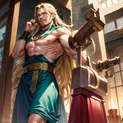 thor, chris hemsworth, blonde hair, long hair, blue eyes, sexy, god, red, asgard, nordic god, tall, strong, blue eyes, strong arms, hammer, smile, beard; loki, tom hiddelston, black hair, long hair, green eyes, sexy, asgard, nordic god, short, skinny, gree...