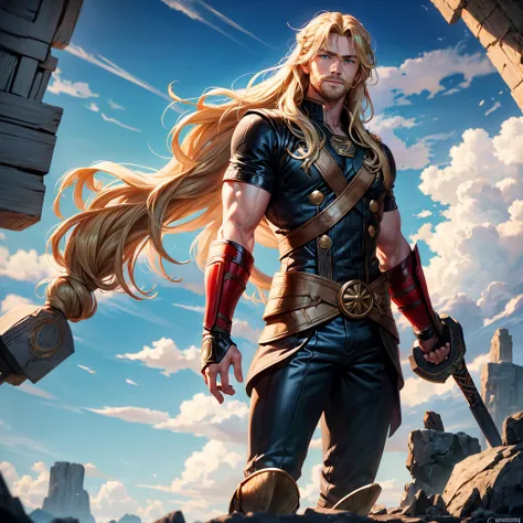 thor, chris hemsworth, blonde hair, long hair, blue eyes, sexy, god, red, asgard, nordic god, tall, strong, blue eyes, strong arms, hammer, smile, beard; loki, tom hiddelston, black hair, long hair, green eyes, sexy, asgard, nordic god, short, skinny, gree...