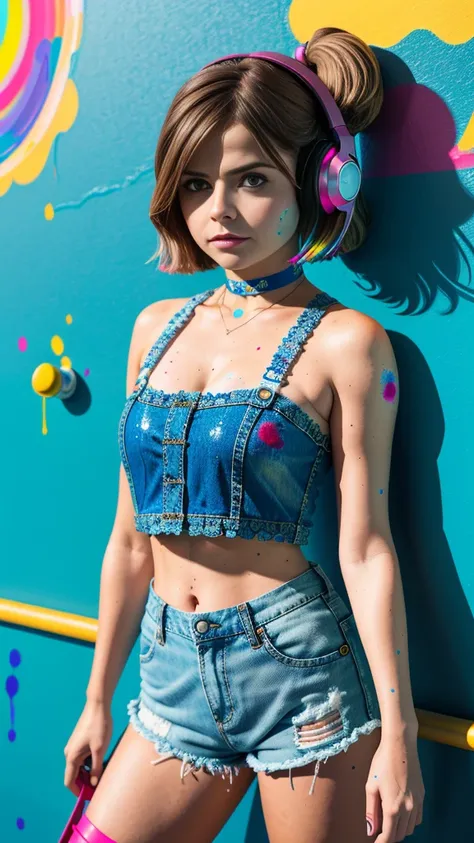 Jenna Louise Coleman、​masterpiece, top-quality, 1girl in, 独奏, croptop, Denim shorts, a choker, (doodle:1.5), Paint Splatter, arms behind back, Hitting a wall, Look at viewers, Armbands, Thigh strap, Paint on the body, tilt of the head, tedium, O cabelo mul...