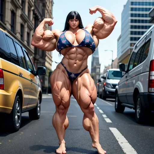 A HD 4K Photo of a huge, enormous, very big, buff, giant, Asian female bodybuilder, muscle goddess, with long black hair, huge arms and huge legs, big boobs, flexing her enormous, giant muscles, big beautiful eyes, walking barefoot, in London traffic, gian...