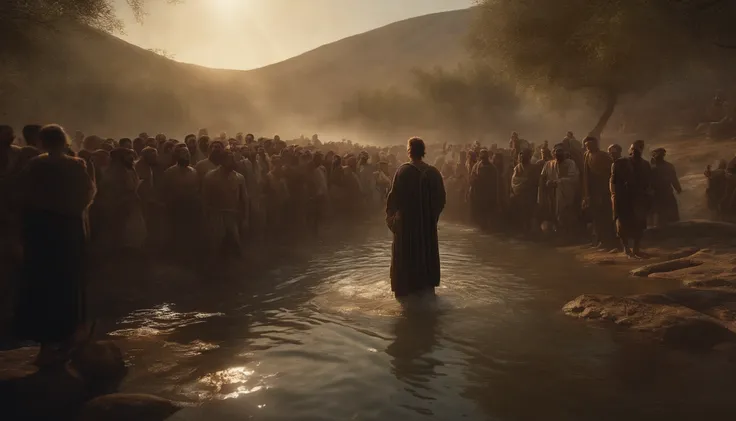 Generate an image that depicts John the Baptist preaching on the banks of the Jordan River, with a crowd of followers listening intently to his words.., perfect composition, beautiful detailed intricate insanely detailed octane render trending on artstatio...