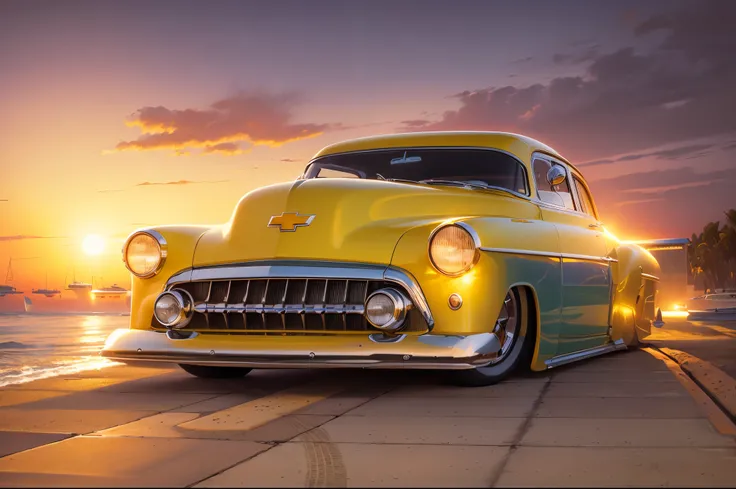 Bright yellow powerglyde and gazing Chevy 50 and beach and boats and yachts at sunset near Syd Mead