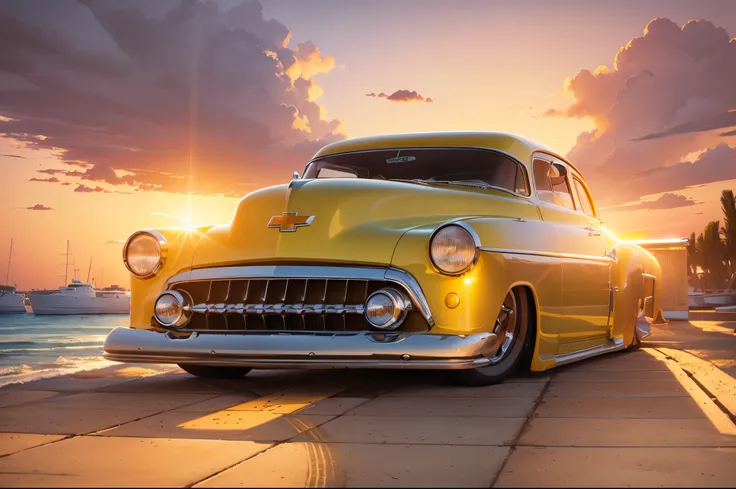 Bright yellow powerglyde and gazing Chevy 50 and beach and boats and yachts at sunset near Syd Mead